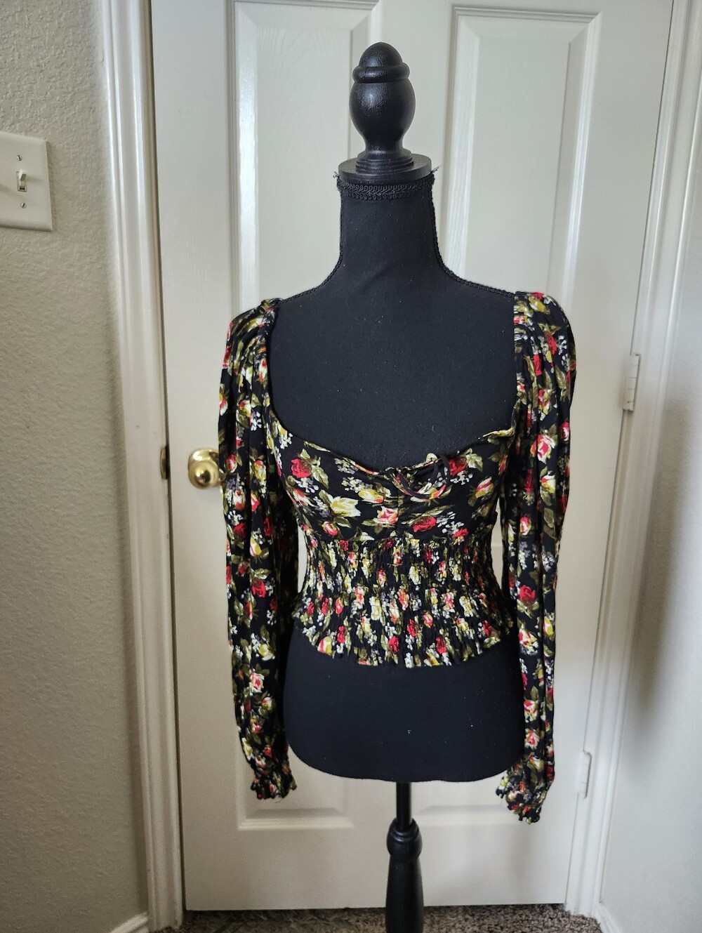Urban Outfitters Black Floral Smocked Sweetheart Top